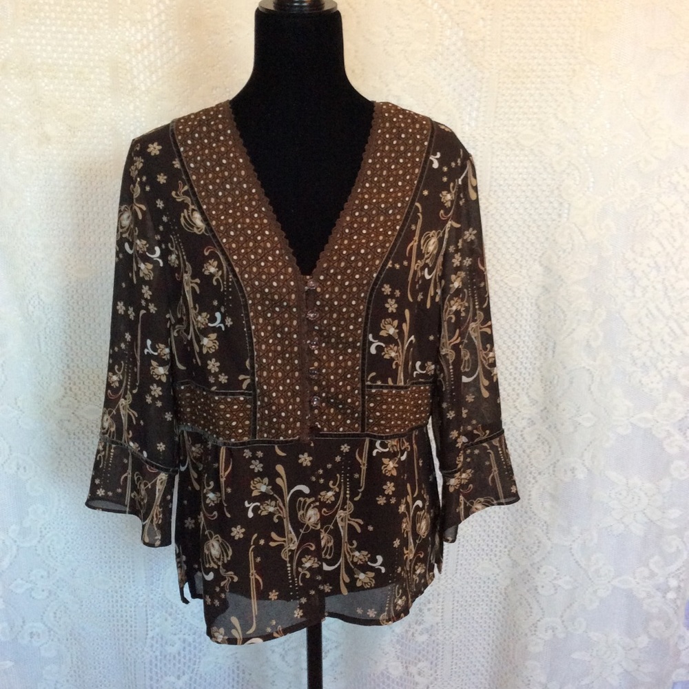 Emma James Brown Polyester V-Neck Top Sz 14P